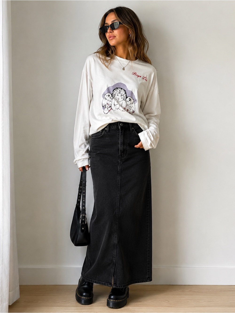 GRLFRND Black Washed Denim Skirt